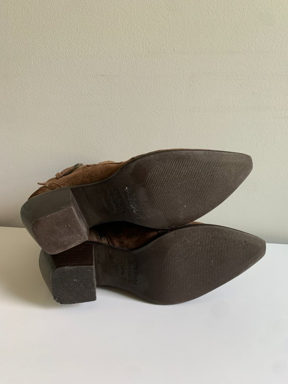 Crown Vintage Brown Suede Studded Ankle Boots Sz 10 Western Buckle Booties Kilon - Picture 7 of 8